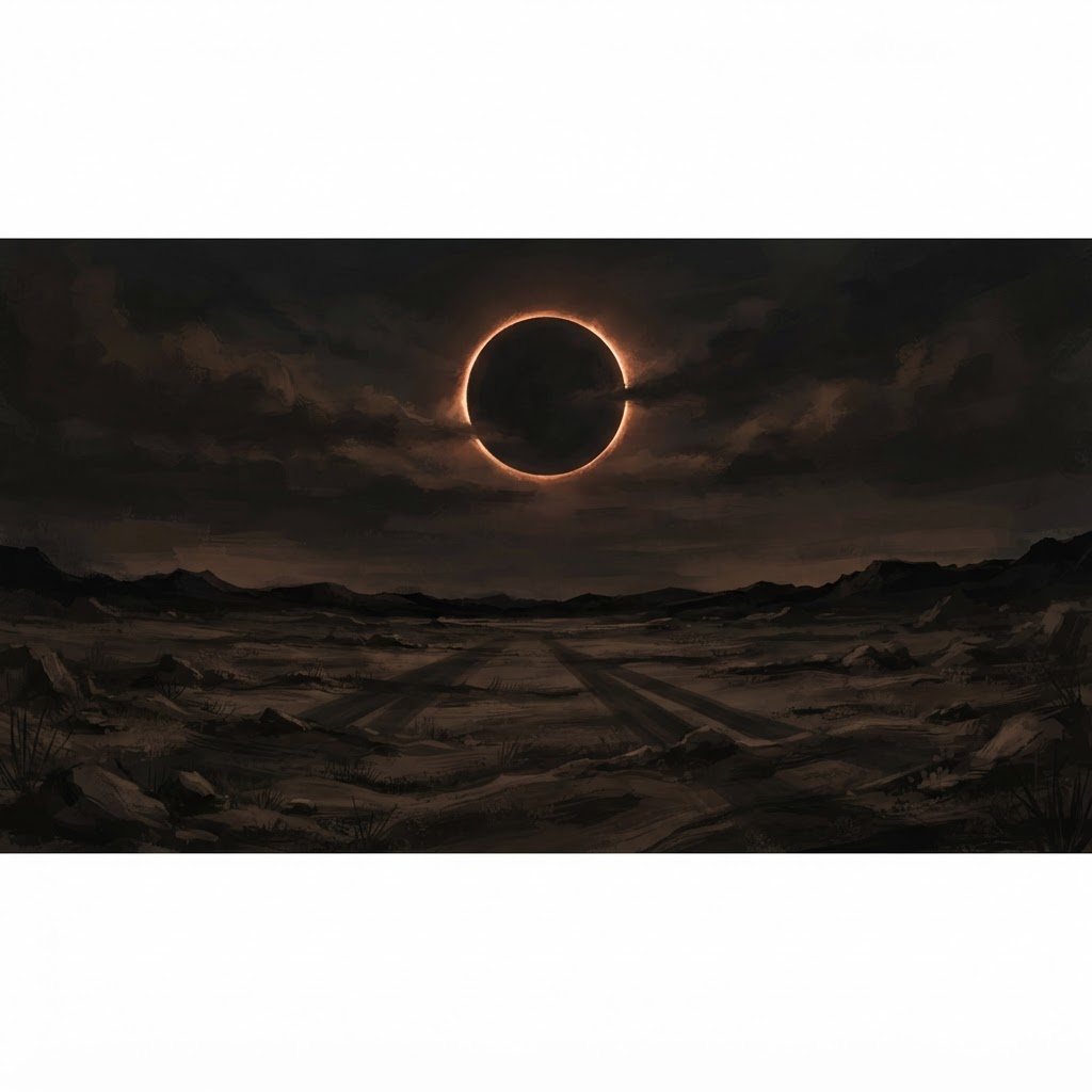 Eclipse solar con un anillo de luz cobriza sobre un paisaje oscuro