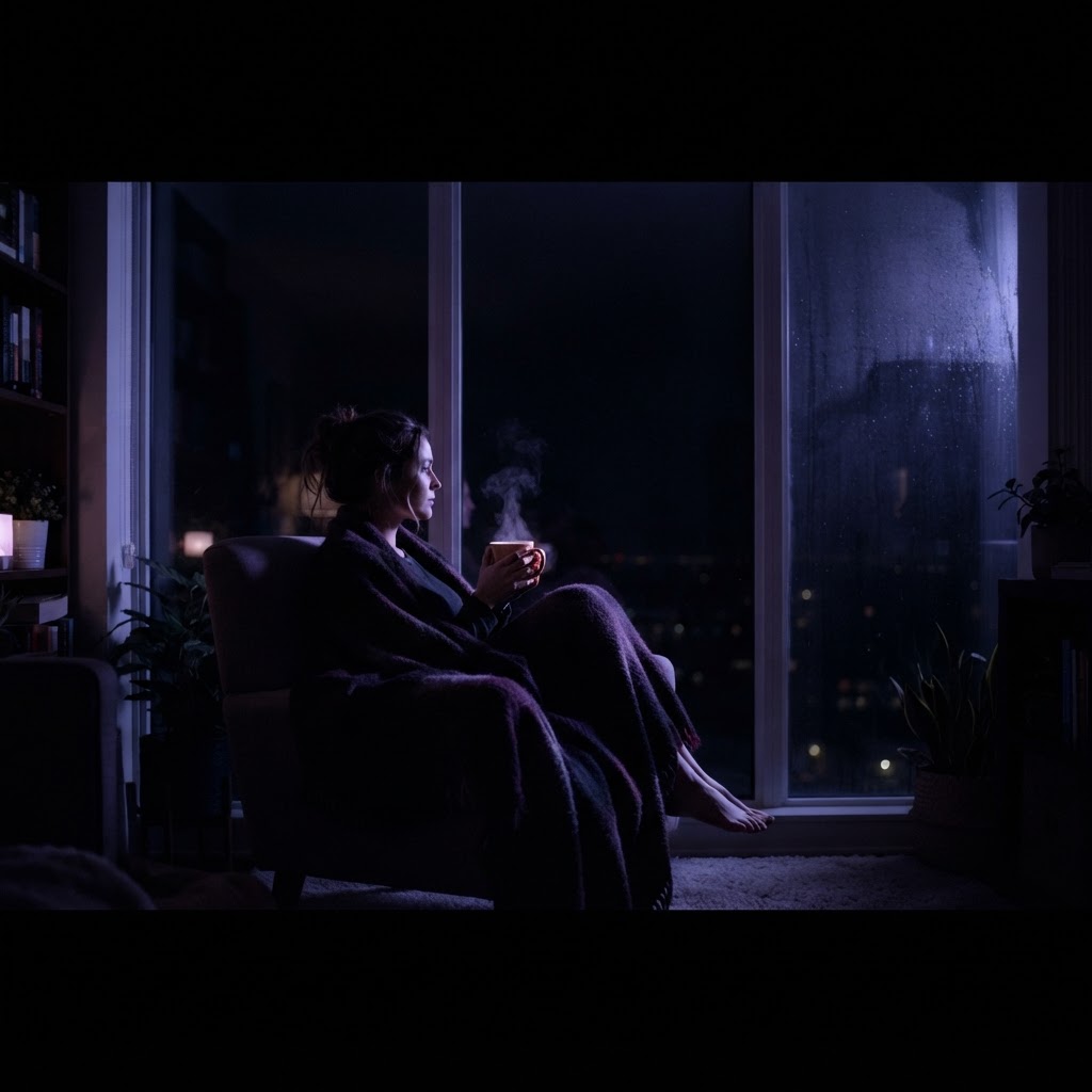 Mujer arropada junto a una ventana en una noche sin luna