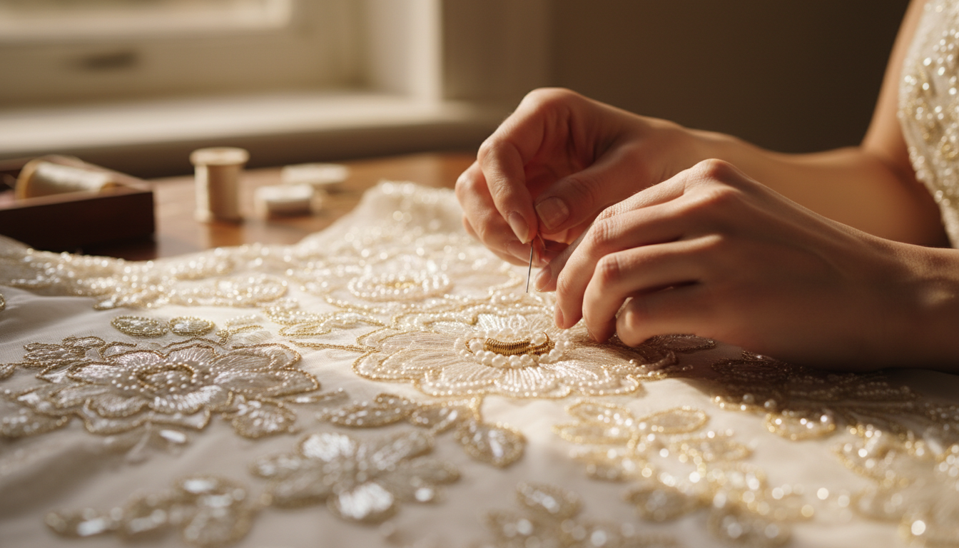 Artisan hands working on intricate bridal embroidery