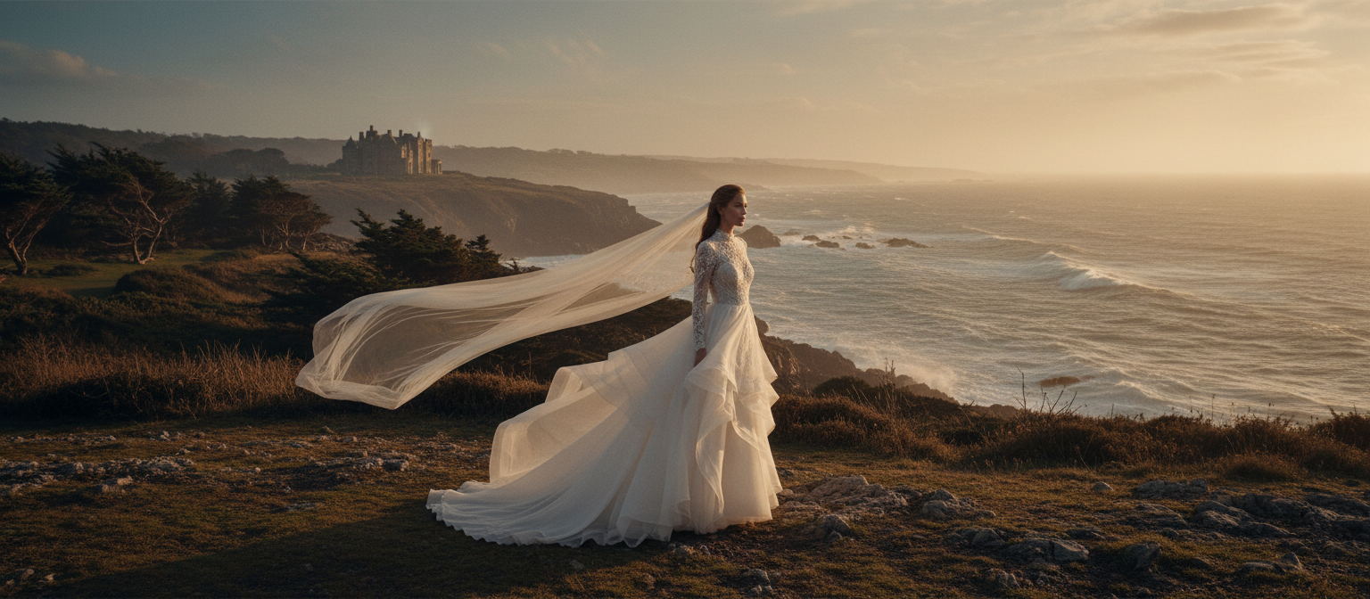 Cinematic bridal campaign — bride in dramatic landscape
