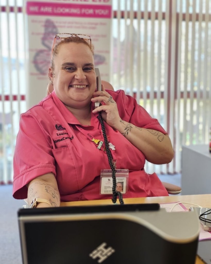 Rebecca Soady in the office on the phone