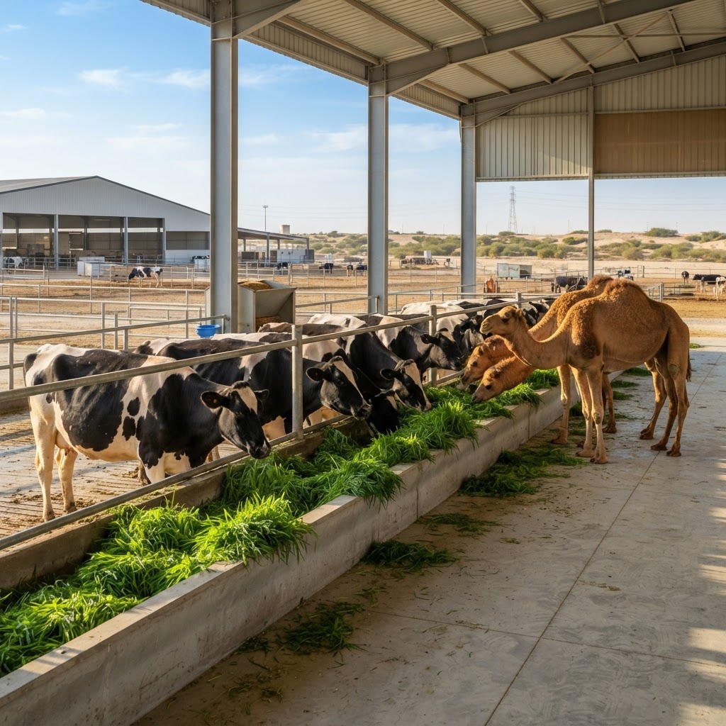 Dairy cattle and camels feeding on fresh green hydroponic fodder at a Qatar farm