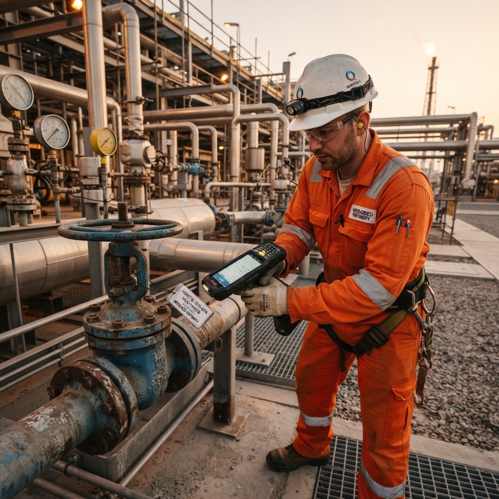 Technician scanning an RFID asset tag on a refinery valve with a rugged handheld