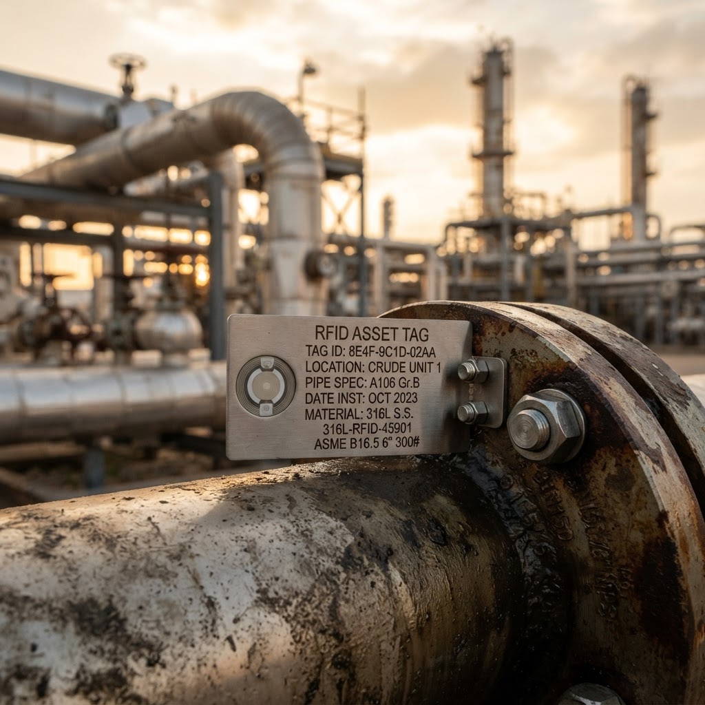 316L stainless steel RFID flange tag attached to a refinery pipe