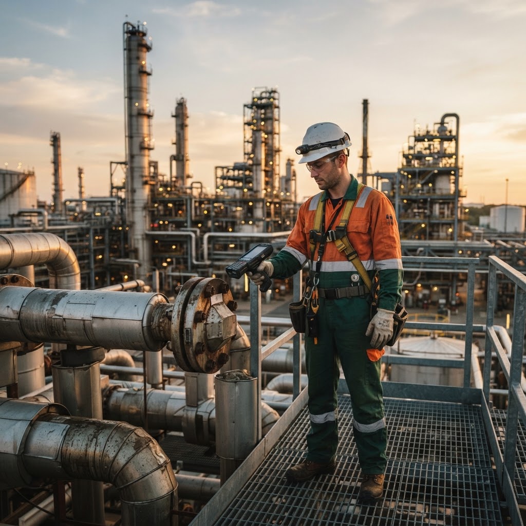 Industrial technician in full PPE scanning a steel flange asset with a rugged RFID handheld reader at an oil refinery
