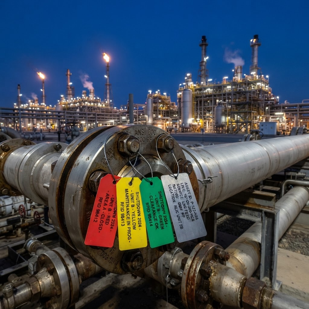 Colour-coded temporary and permanent steel RFID tags on a pipeline turnaround