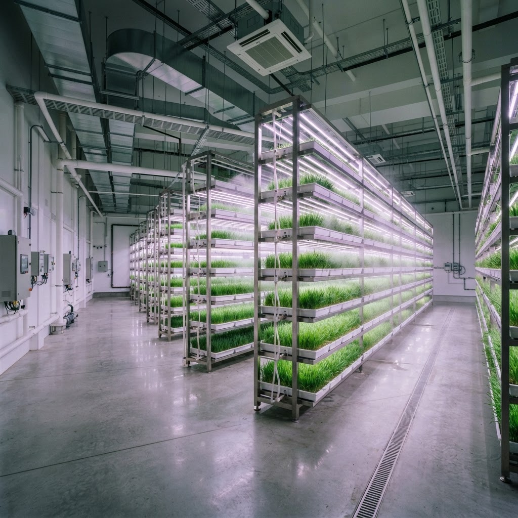Modern controlled-environment hydroponic fodder growing facility with stainless-steel racks of green barley fodder