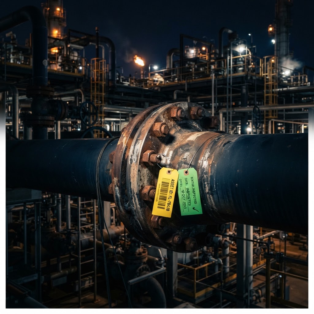Color-coded barcode tracking tag on a refinery flange joint