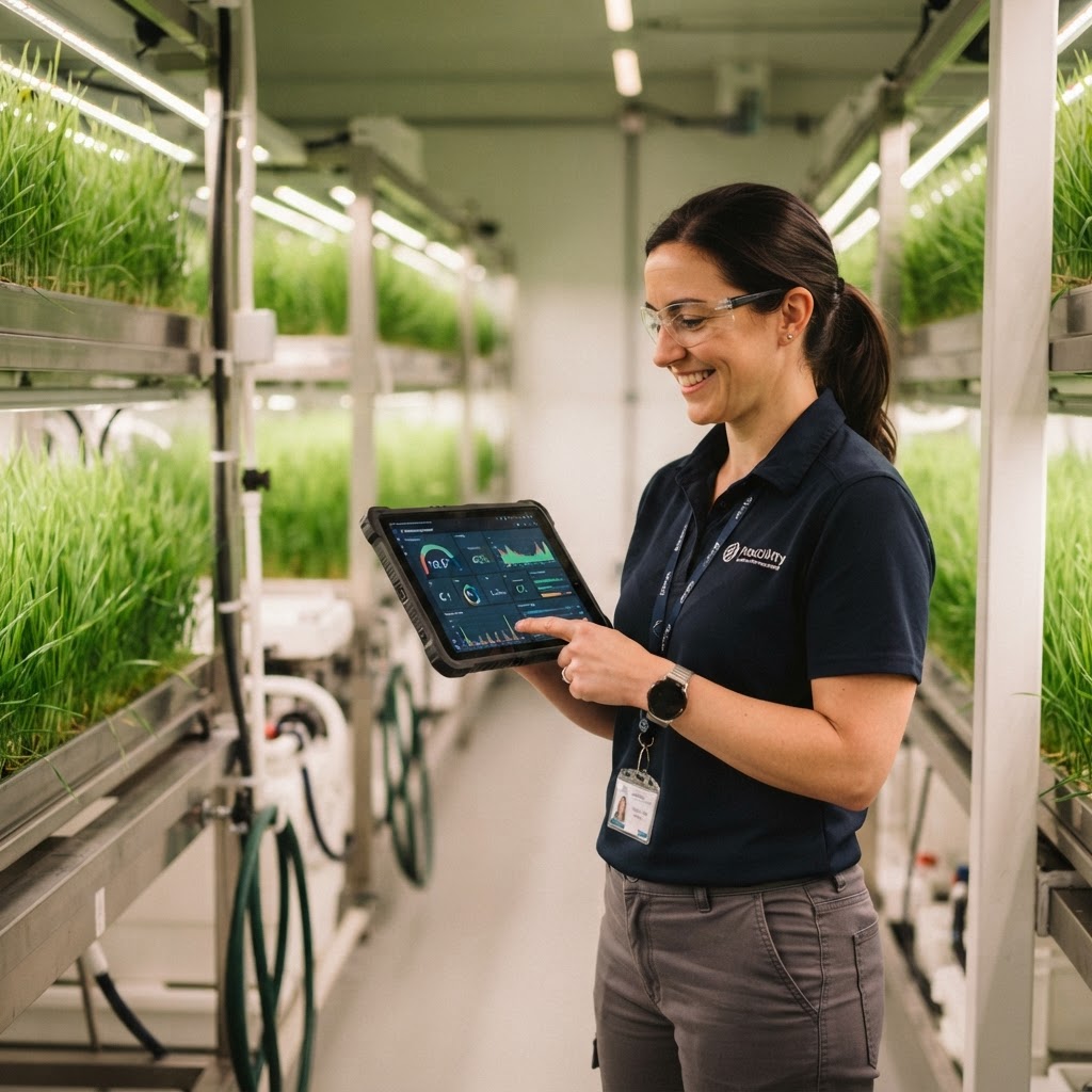 Farm operator reviewing an IoT monitoring dashboard on a tablet inside a hydroponic fodder facility
