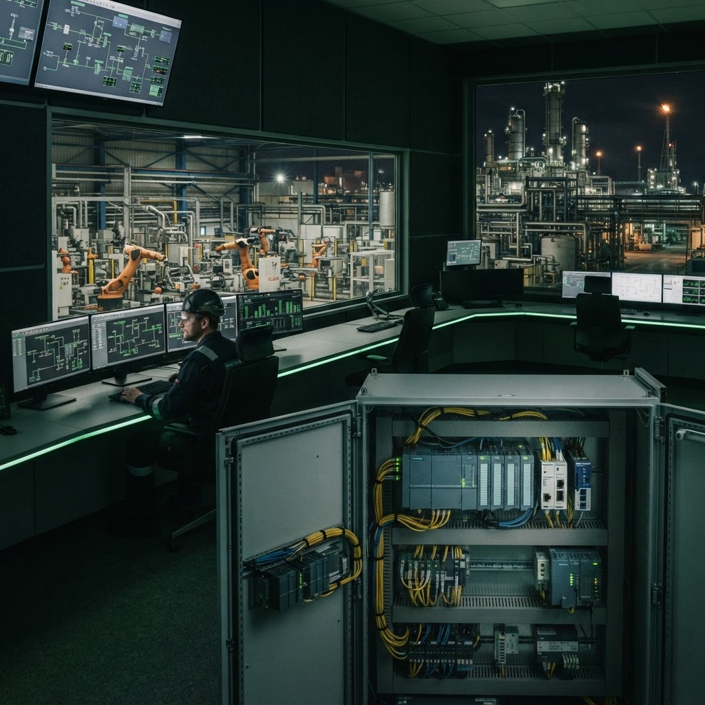Industrial automation control room with PLC cabinet, Ethernet switches, industrial gateways and robotic production line