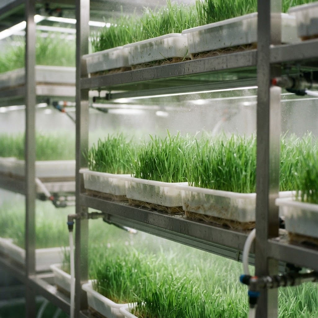 Multi-level stainless-steel growing racks with trays of green hydroponic barley fodder in a controlled chamber