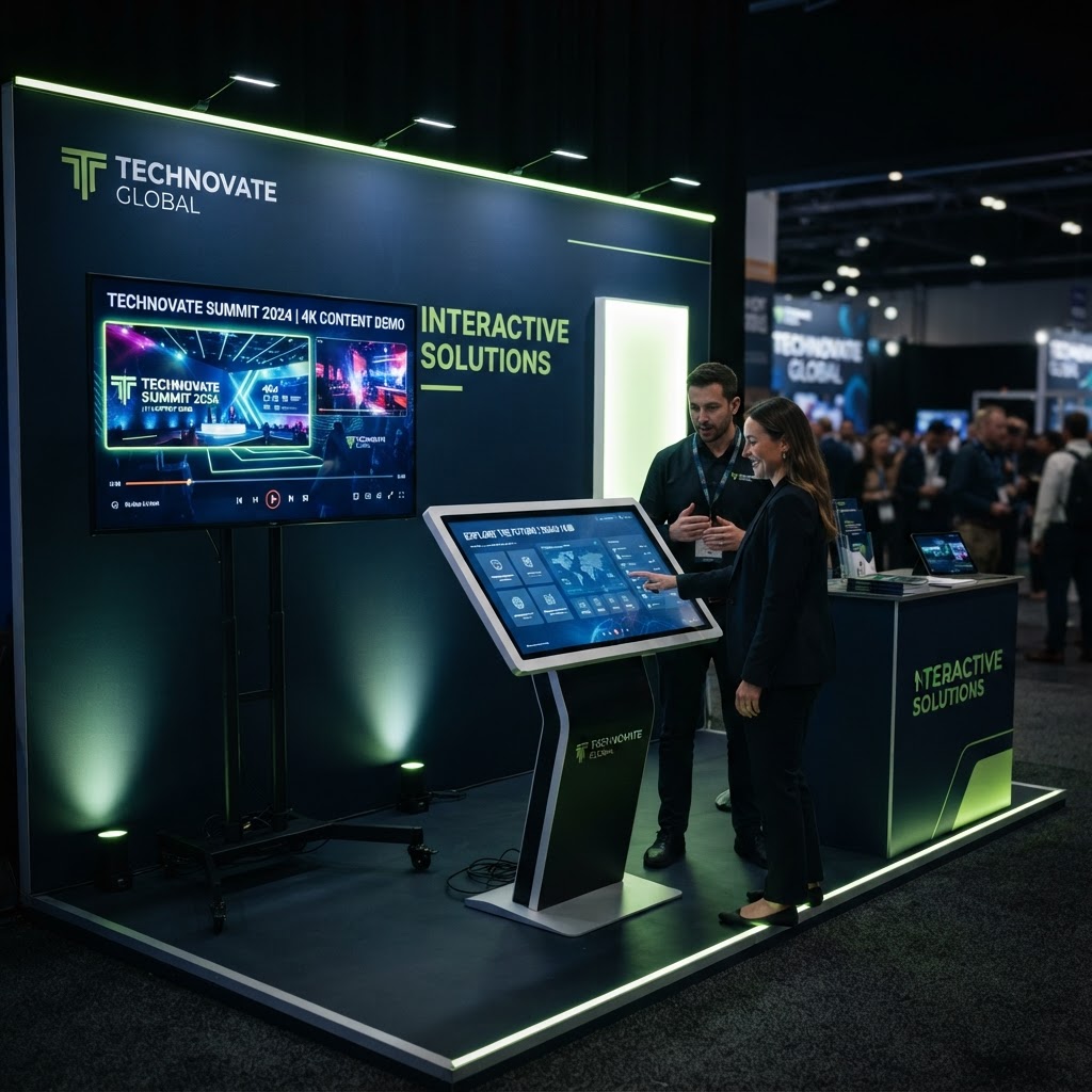 Interactive touch screen kiosk and 4K monitor in an event booth