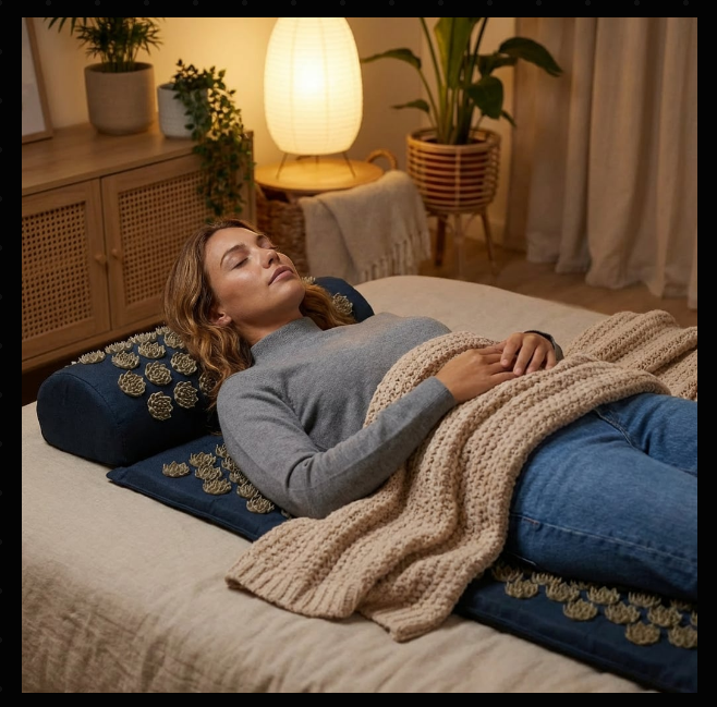 Woman resting on an acupressure mat, warm light, blanket draped — the body finally exhaling