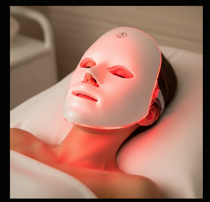 LED facial mask in use — ten quiet minutes of red light, doing its work