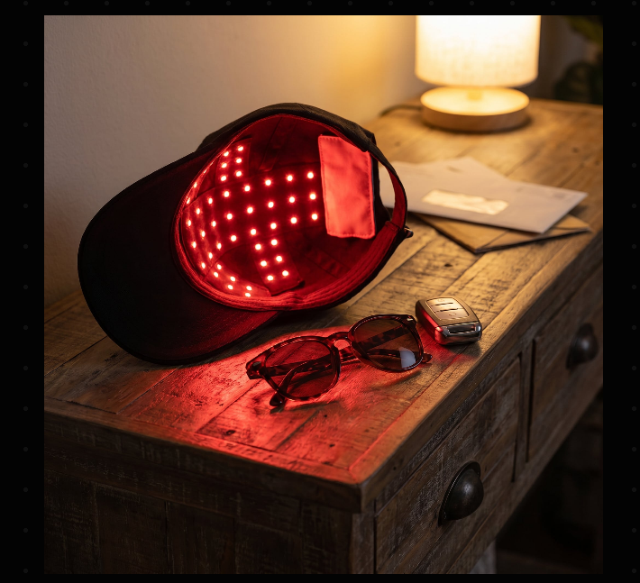 Red light therapy cap resting on a nightstand — part of the ritual, not an interruption to it