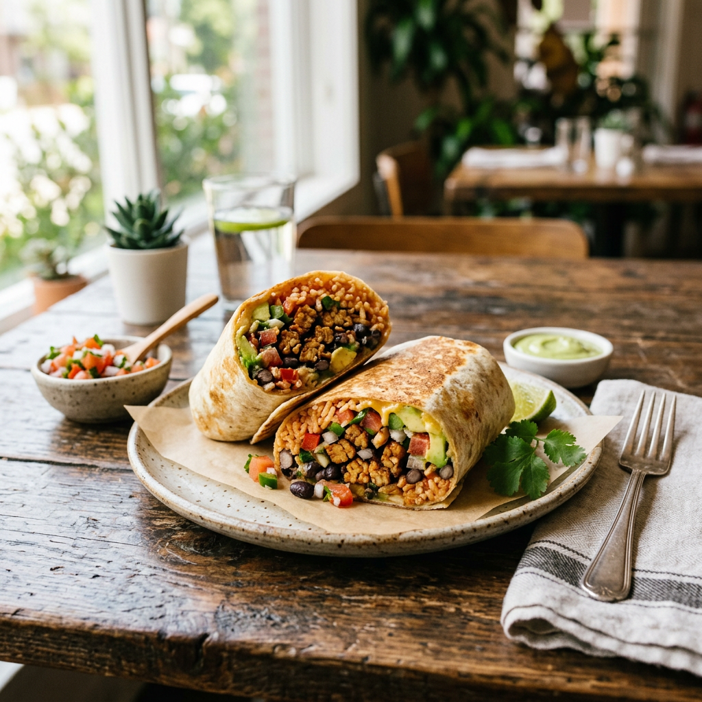 Burrito de Tempeh con Frijoles, Arroz y Pico de Gallo
