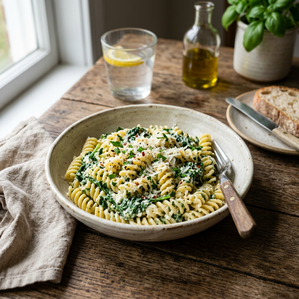Fusilli con Ricotta y Espinaca