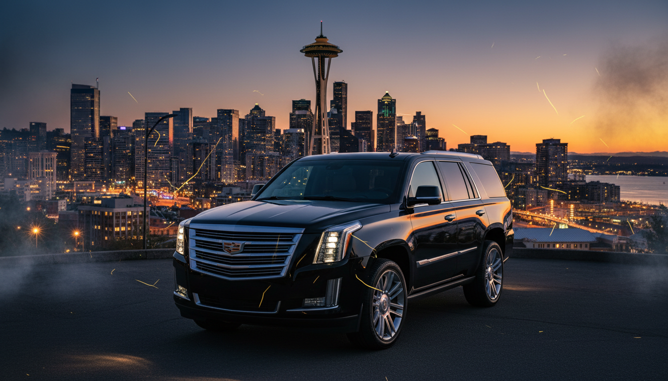 Luxury black SUV in front of Seattle skyline