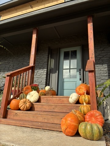 Close-up of pumpkins and mums on wooden porch steps — real installation