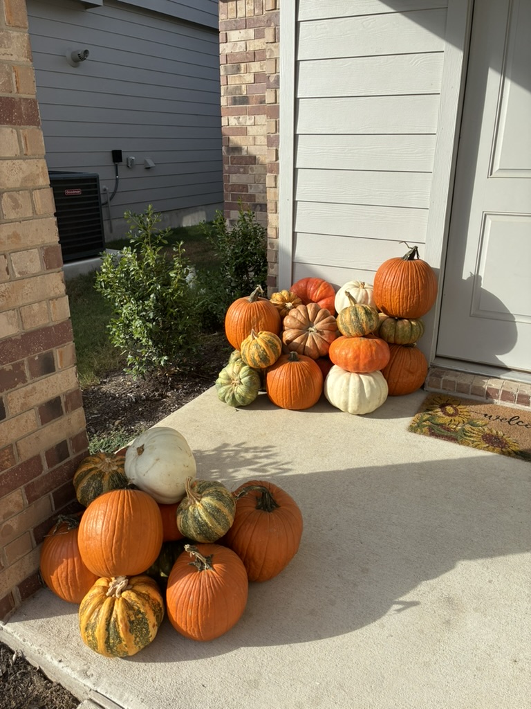 Two clusters of assorted pumpkins on concrete porch with brick column and vinyl siding — real installation
