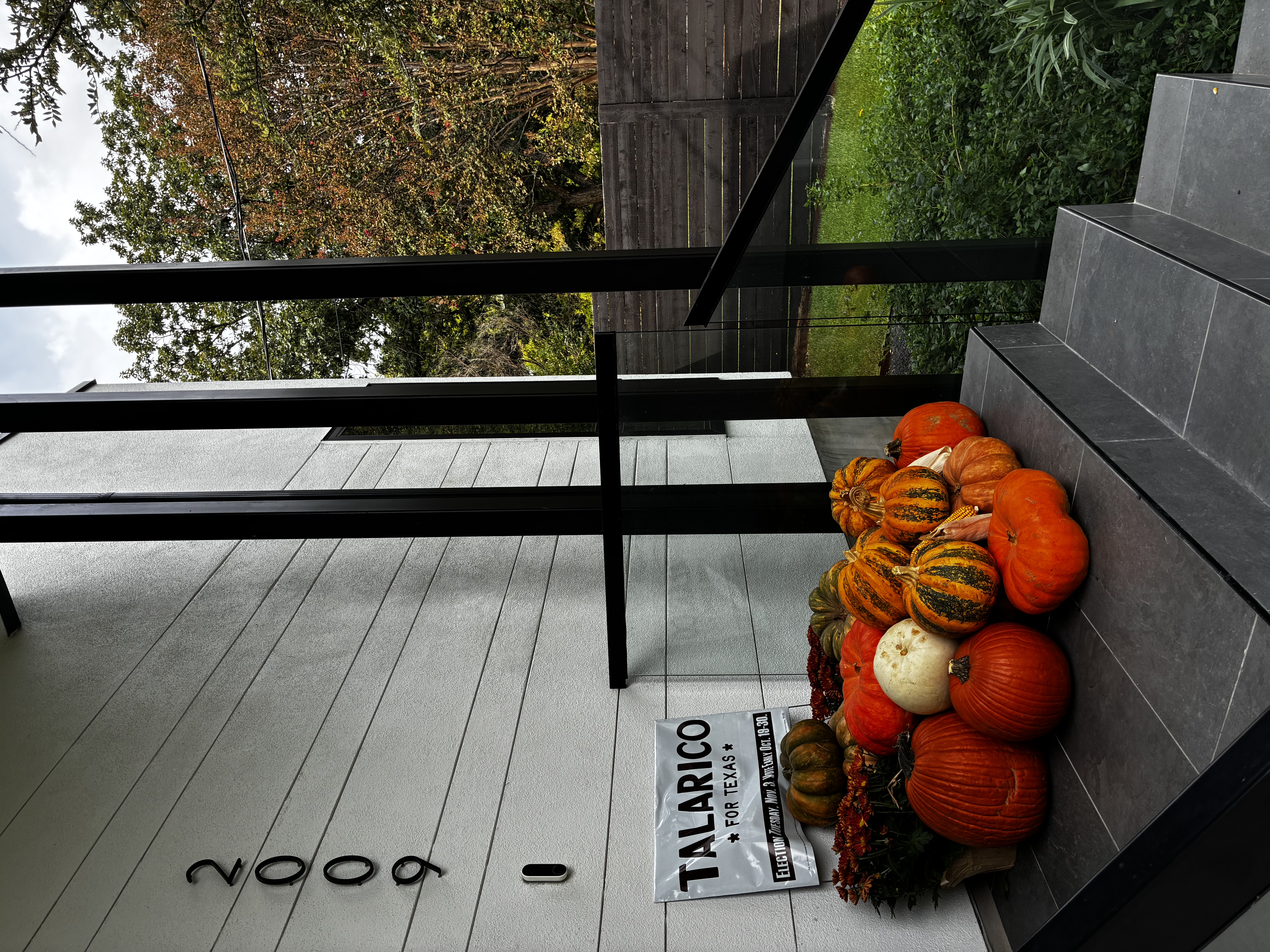 Luxury pumpkin display on modern Austin porch steps — real installation