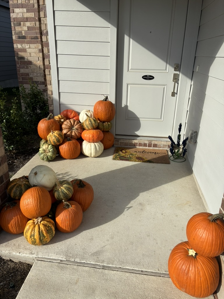 Residential porch with mixed pumpkin cluster beside white door and sunflower doormat — real installation