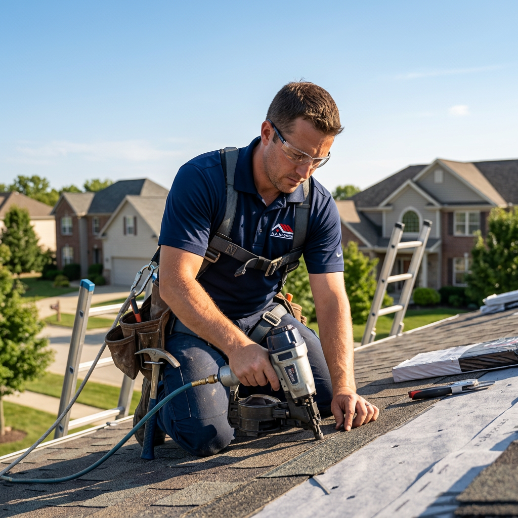Professional roofing contractor with AM Roofing logo working on residential roof