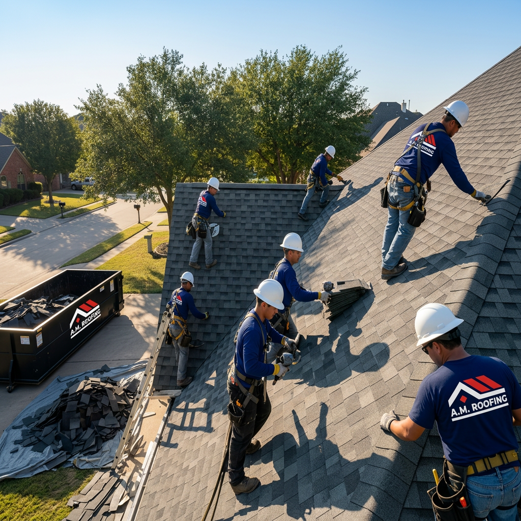 Professional roofing team working on residential roof in Dallas TX
