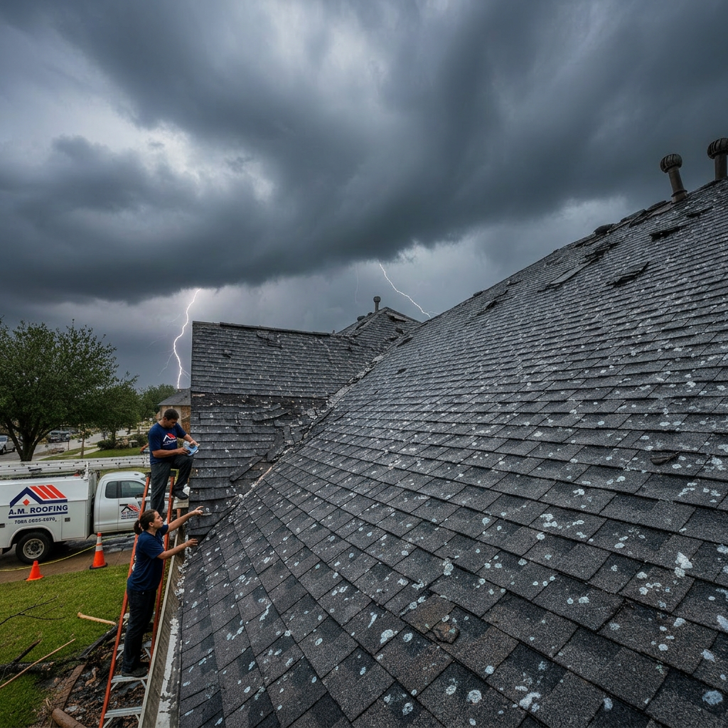 Storm damage to residential roof in Dallas Texas