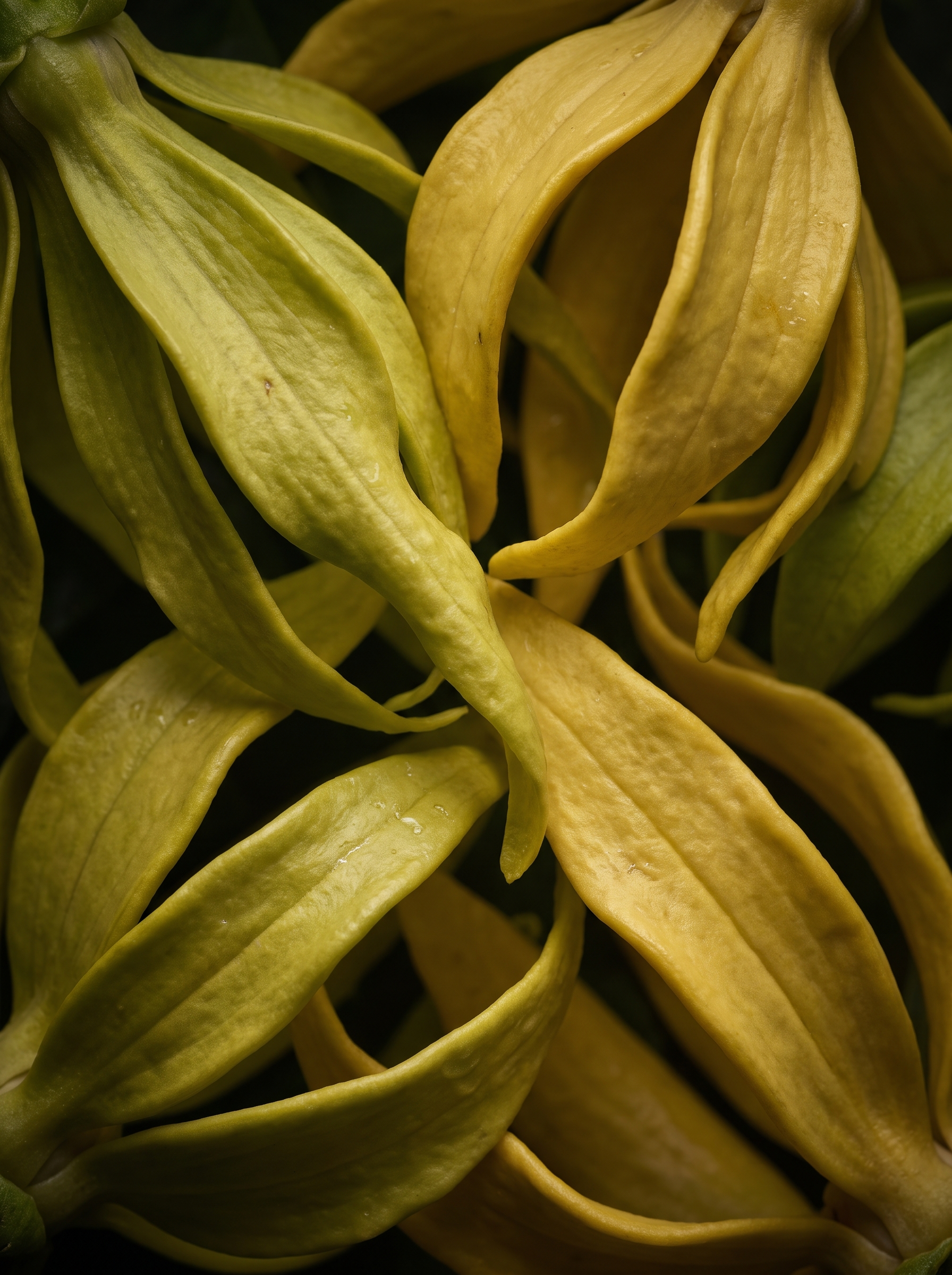 Gelbe Ylang-Ylang-Blüte von den Komoren in extremer Makroaufnahme mit den charakteristischen langen, gedrehten Blütenblättern.