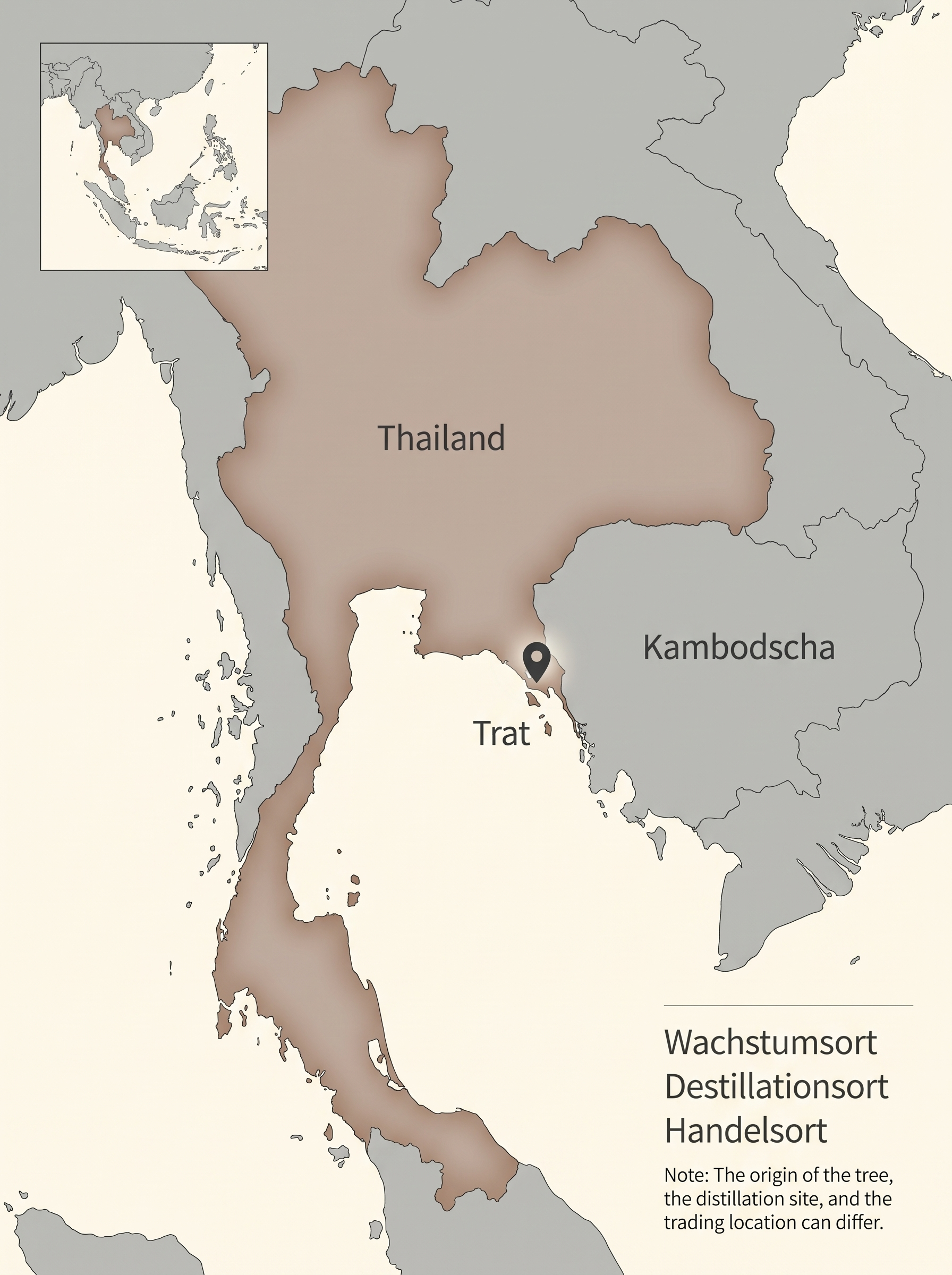 Map of Southeast Asia with Thailand and the province of Trat marked