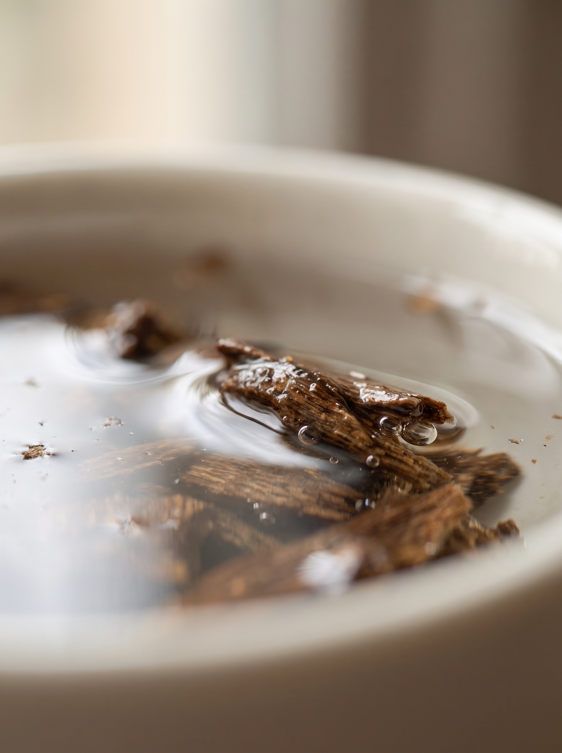 Agarwood chips in water — the beginning of the soaking process before distillation