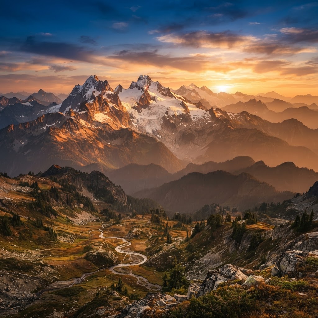 Mountain landscape at sunset