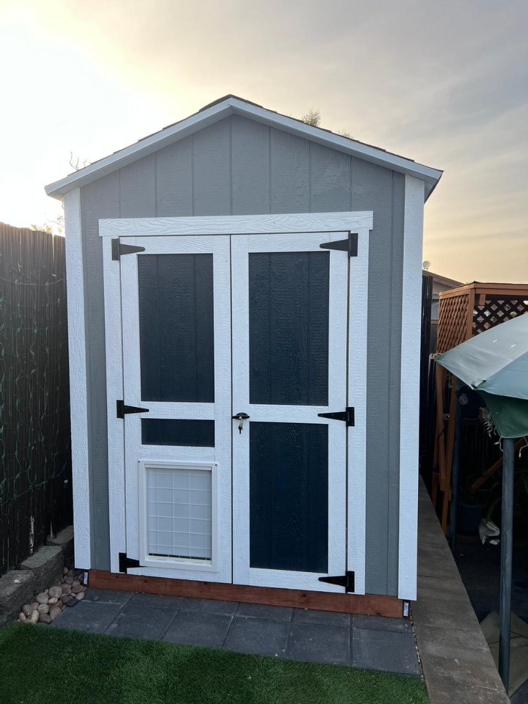 Gray Shed with Pet Door | Custom Shed in San Diego County