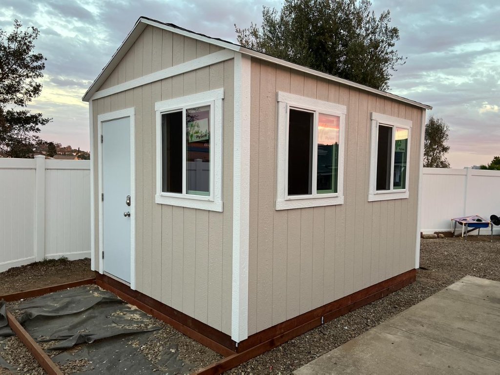 Tan Shed with Large Windows | Custom Shed in San Diego County