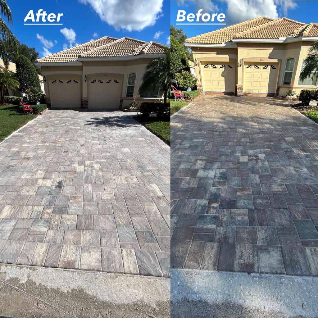 Before and after comparison of a paver sealing project on a residential driveway