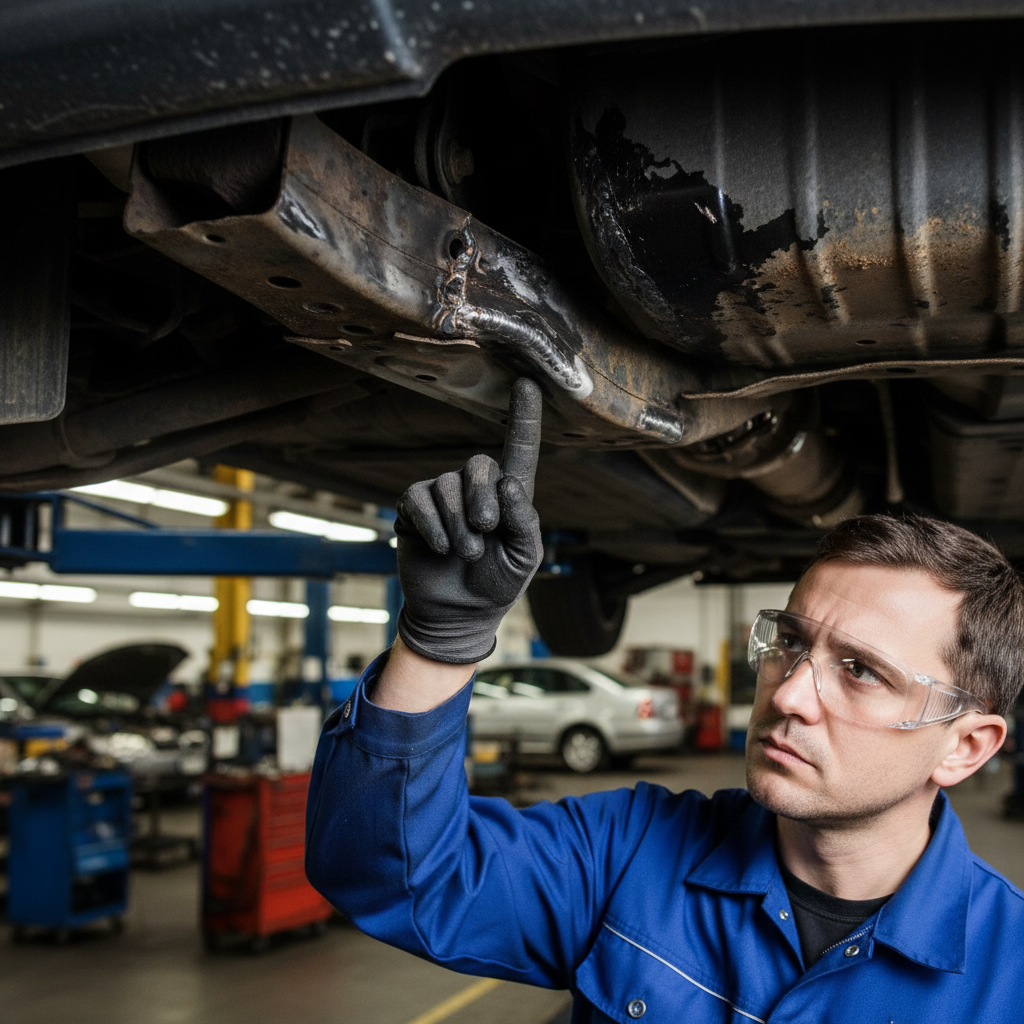 Inspector examining vehicle undercarriage