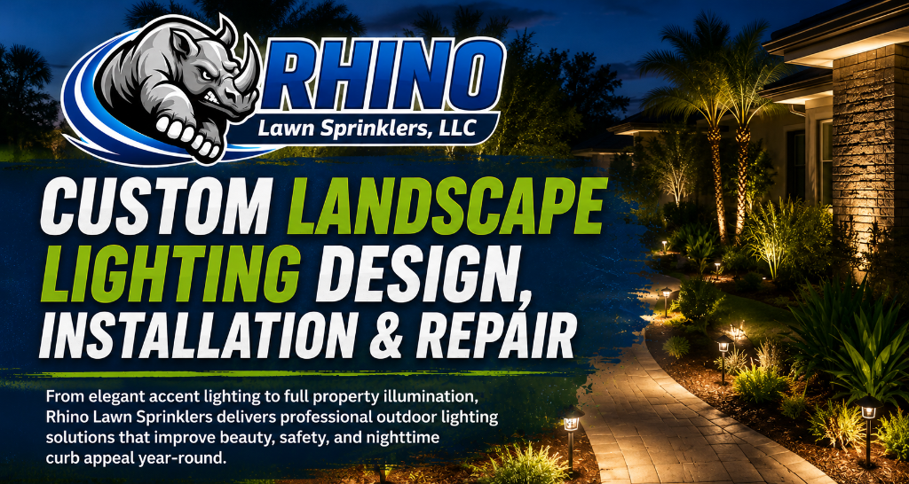 Landscape lighting illuminating a home exterior, trees, and garden beds at night