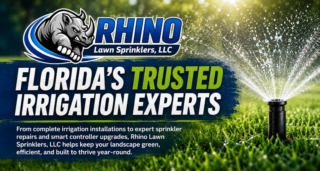 Irrigation sprinkler system watering a green residential lawn in Florida