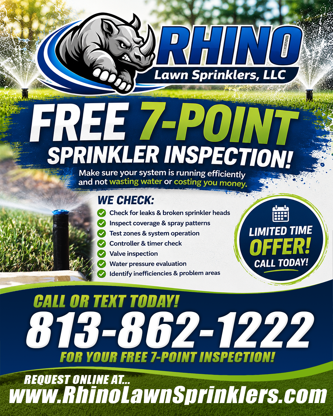 Free 7-Point Sprinkler Inspection flyer from Rhino Lawn Sprinklers