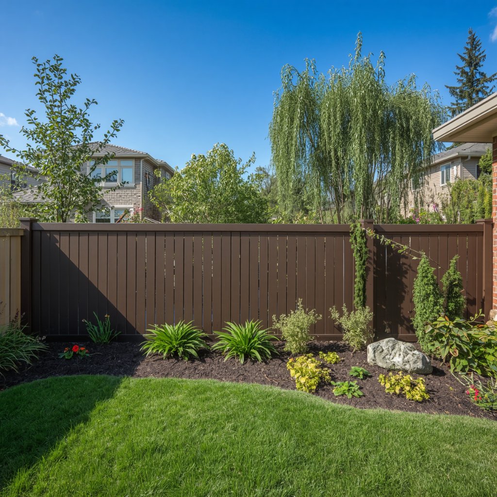 Modern composite fence with warm wood-tone boards and black posts in a beautifully landscaped backyard