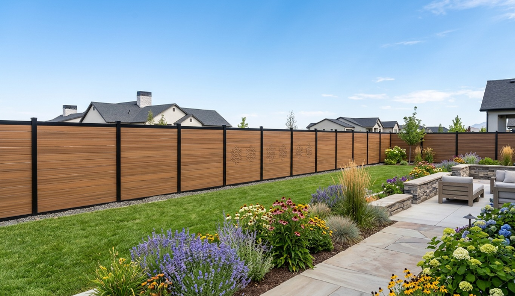 Mocha brown composite privacy fence with lush garden landscaping