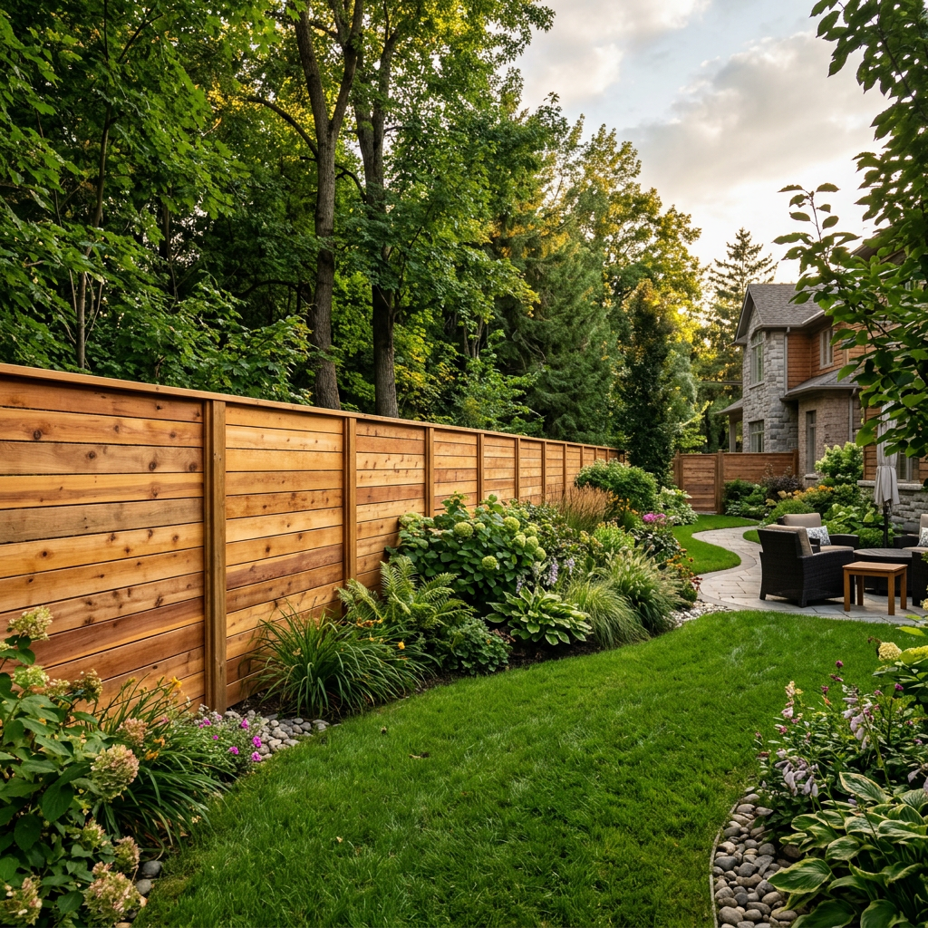 Beautiful cedar wood fence with warm natural tones in afternoon sunlight