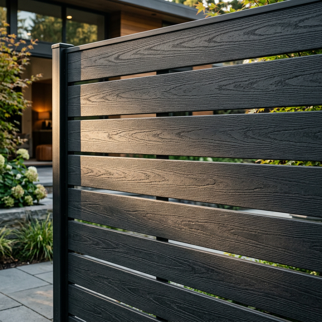 Modern privacy fence gate with precision-mounted iron hinges and perfect alignment