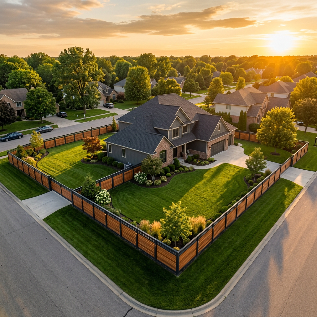 Beautiful home with a new perimeter fence installed at golden hour