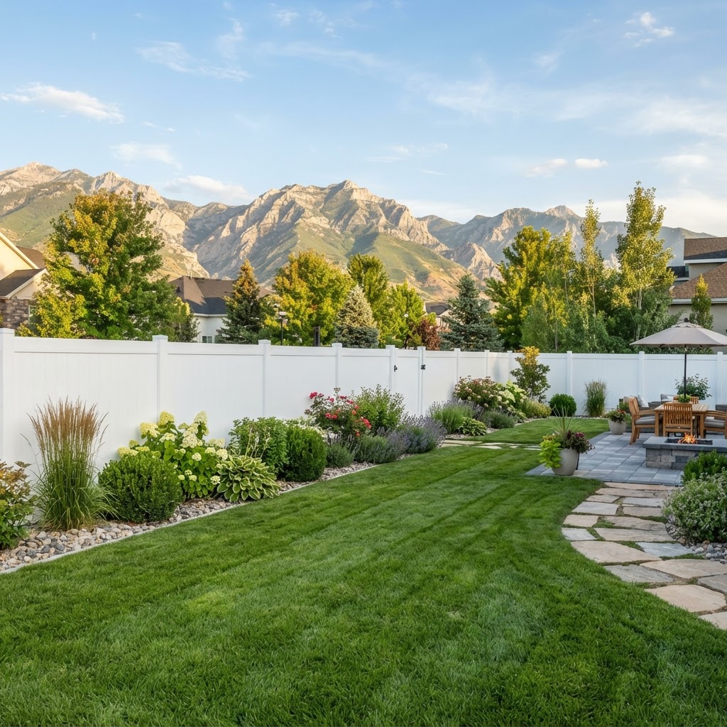 Clean white vinyl privacy fence in a suburban Utah backyard