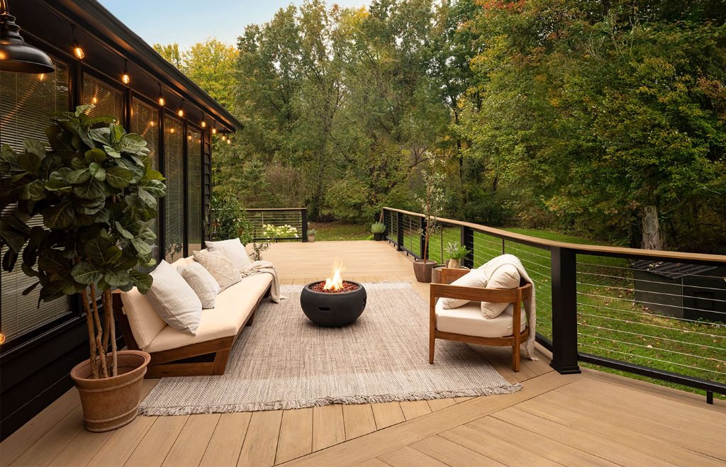 Custom composite deck in a backyard setting