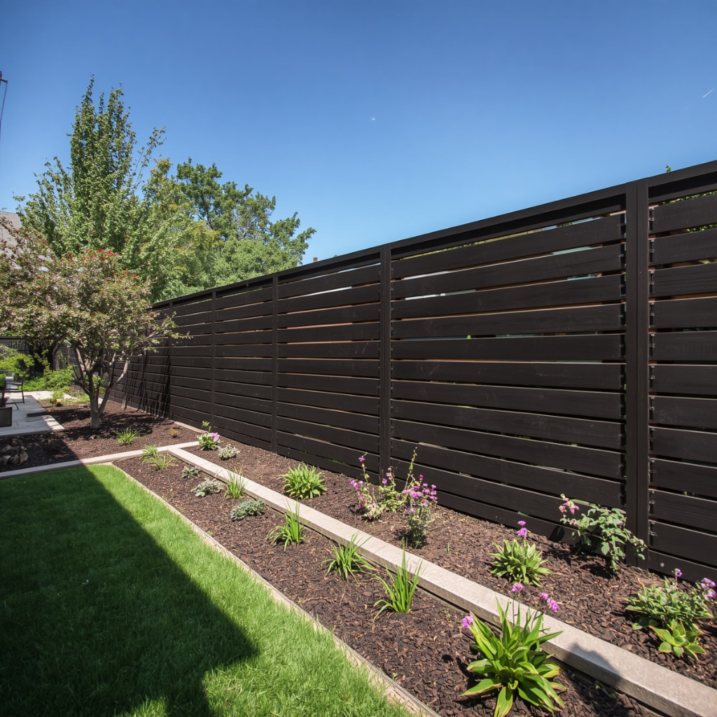 Dark horizontal composite fence with modern slat design in a backyard garden setting