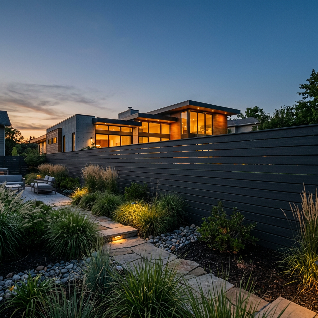 Modern home with dark charcoal Trex composite fence at dusk