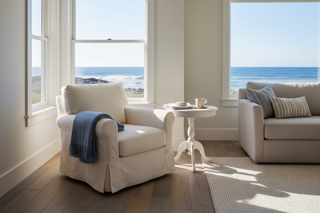 Sun-drenched Maine home interior with comfortable chair by window